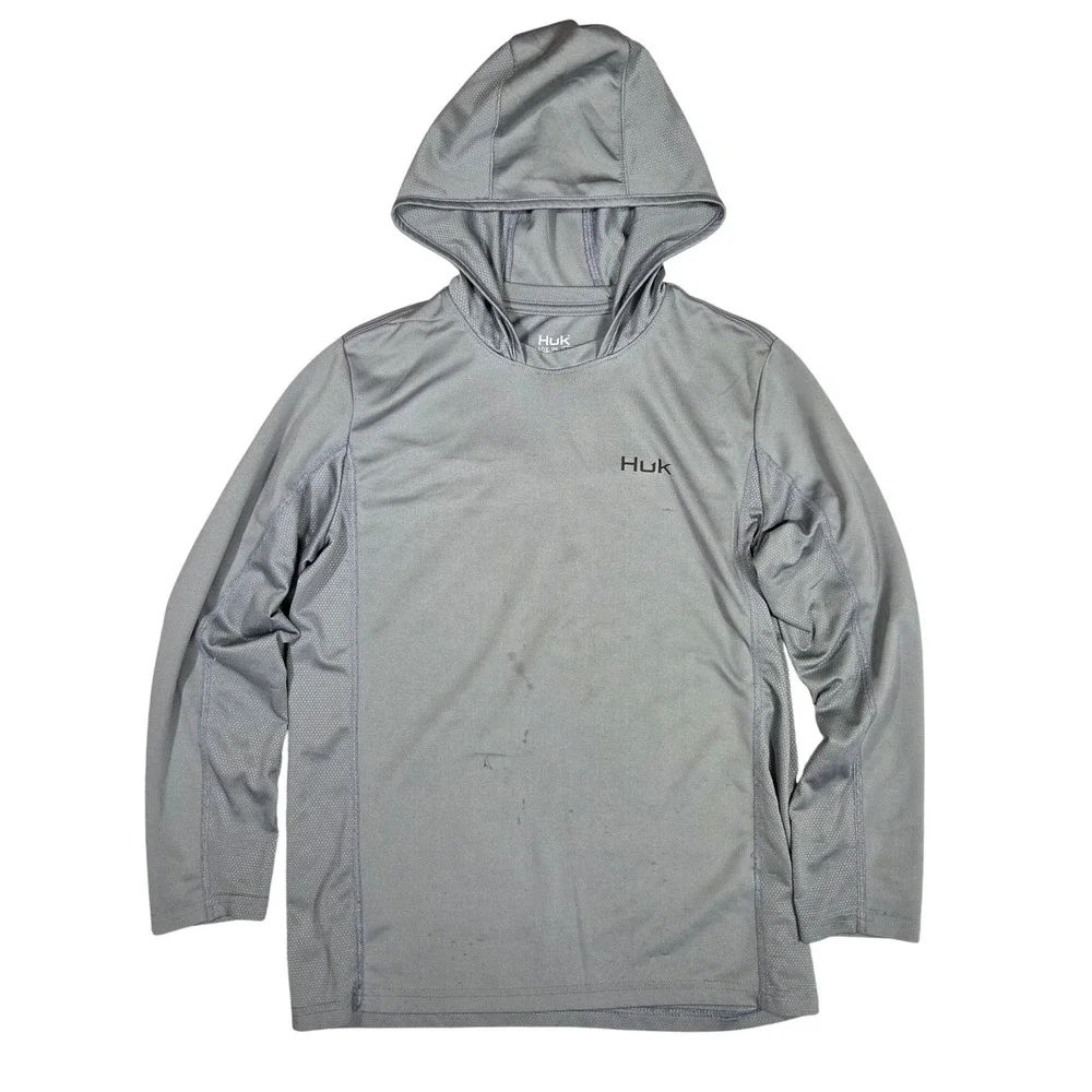 Huk Fishing Youth XL Grey Performance Long Sleeve Hooded Sun Shirt Mesh Panels